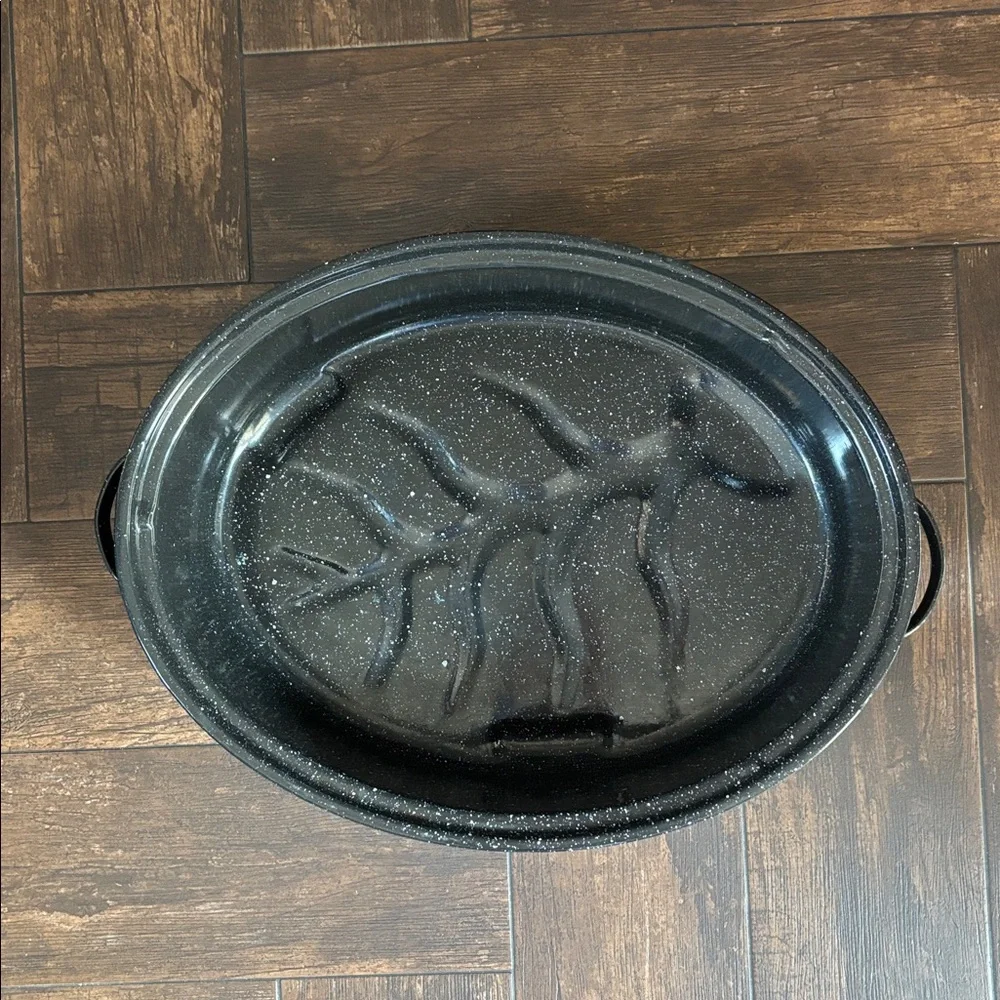 Vintage Black Speckled Enamel Roaster Large